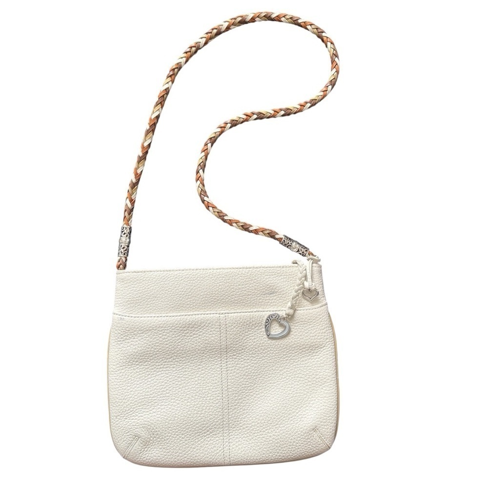 VTG 90s Brighton Crossbody Bag Purse White Leather Braided Handle Charm